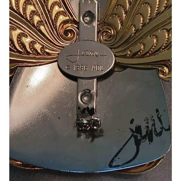 Jane Davis Signed Angel Faux Pearl Rhinestone Brooch Ribbon Mixed Metal - Picture 10 of 12